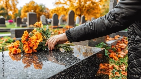 Fototapeta Person Placing Flowers on Cemetery Gravestone in Autumn Season