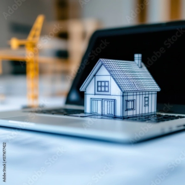 Fototapeta A miniature house model sits on a laptop keyboard, symbolizing the intersection of technology and construction planning in modern architecture.