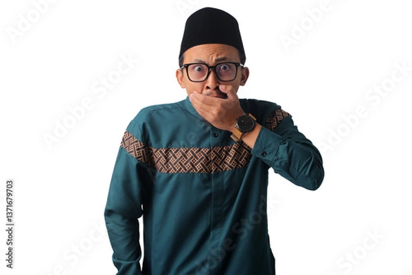 Fototapeta Asian Muslim man, looking embarrassed with wide-open eyes, covers his mouth in shock. Self-restraint and mindfulness in speech during Ramadan, Isolated on a white background