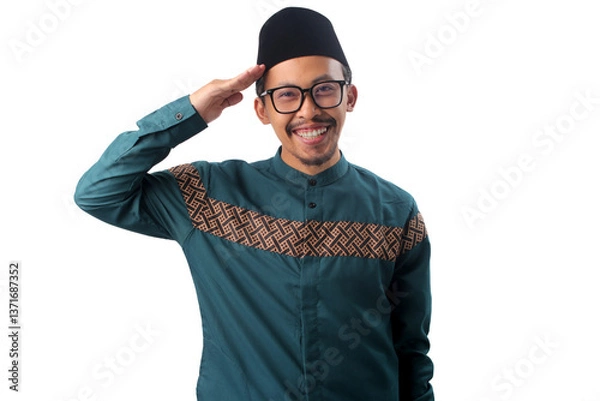 Fototapeta Happy Indonesian Muslim man performs a salute gesture while smiling and looking directly at the camera, Isolated on a white background. Respect, greeting, or a welcoming gesture concept