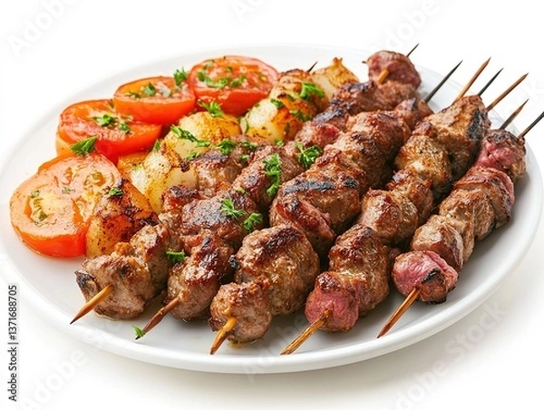 Obraz plate of une meat brochette on white background