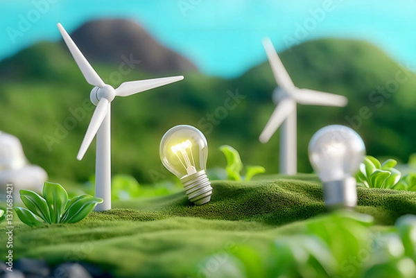 Fototapeta Landscape with Turbine Green Energy Electricity, Windmill for electric power production, Wind turbines generating electricity on green field ,environment, green energy, generate by .AI