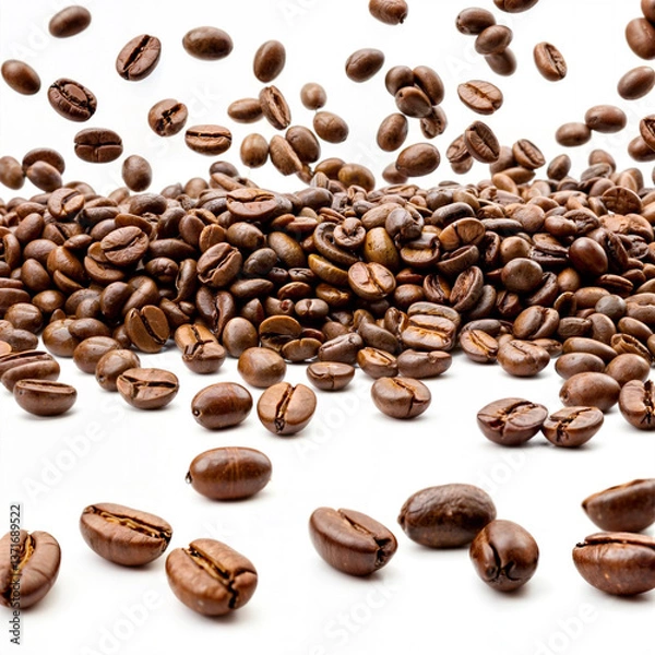Fototapeta Coffee beans falling in the air isolated on a white background. Coffee beans flying.