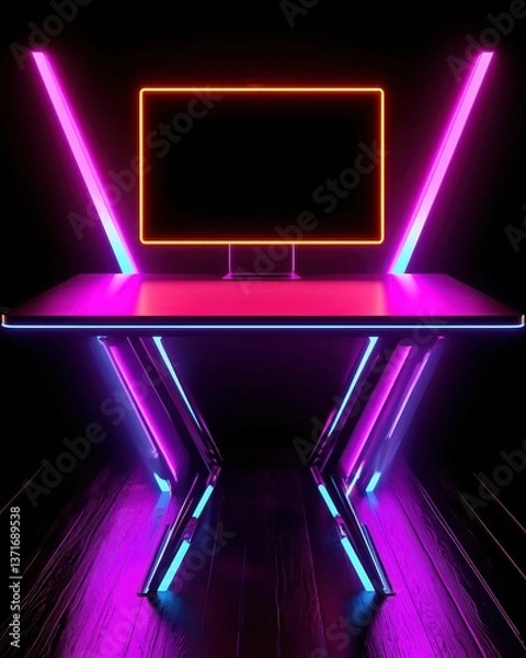Fototapeta Futuristic Gaming Desk with Neon Lights and Empty Screen Display