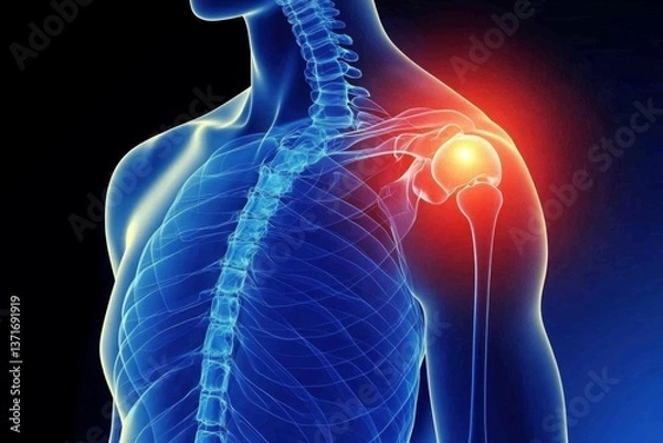 Obraz A 3D visual representation of a person with a glowing blue shoulder indicating discomfort.