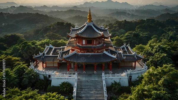 Fototapeta "Traditional Chinese Pagoda in Green Forested Setting with Mountain Backdrop Under Soft Lighting"