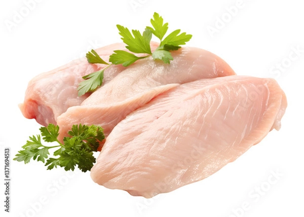 Fototapeta aw chicken meat in breast part with Chinese parsley leaves in heap isolated and generated with AI in png file format