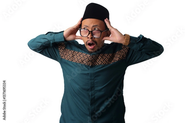 Fototapeta A shocked and worried Asian Muslim man looks aside, grabbing his head and thinking about a deadline, expressing stress. Isolated on a white background
