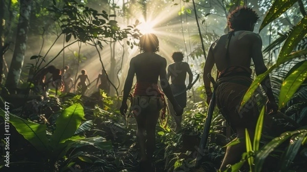 Fototapeta Indigenous Tribe Walking Through Lush Jungle with Sunlight Rays