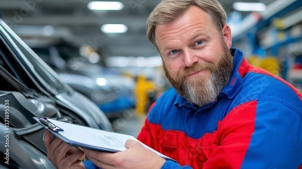 Obraz Auto Mechanic Examining Car Parts In A Garage