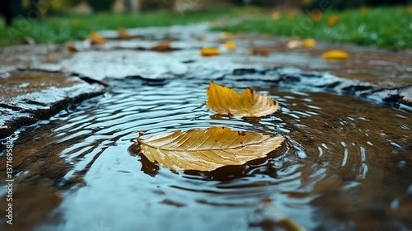 Obraz Autumn Leaves on a Puddle of Water