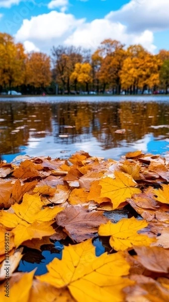 Obraz Autumn Leaves on Water Reflecting Colorful Sky