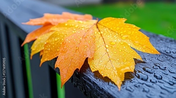 Obraz Autumn Leaves With Water Droplets On Dark Fence