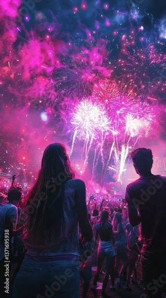 Fototapeta Spectacular Fireworks Display Illuminating Night Sky Over Crowd