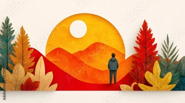 Obraz Autumn Scene With Man Contemplating Mountains