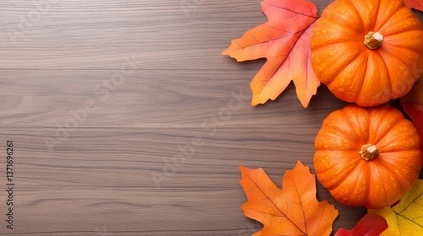 Obraz Autumn Wooden Background With Pumpkins And Fall Leaves