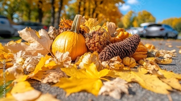 Obraz Autumnal Decor Display With Gourds and Leaves