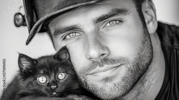 Obraz Black And White Portrait Of Man With Cat