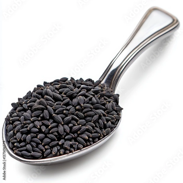 Obraz Black Seeds in Metal Spoon on White Background