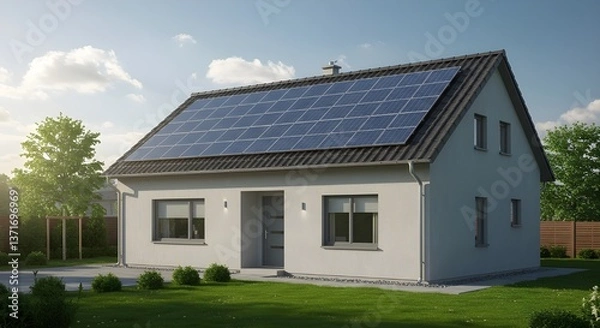 Fototapeta Close-up of new suburban house with a photovoltaic system on the roof. Modern eco friendly passive house with solar panels on the gable roof, with sunlight in the morning.