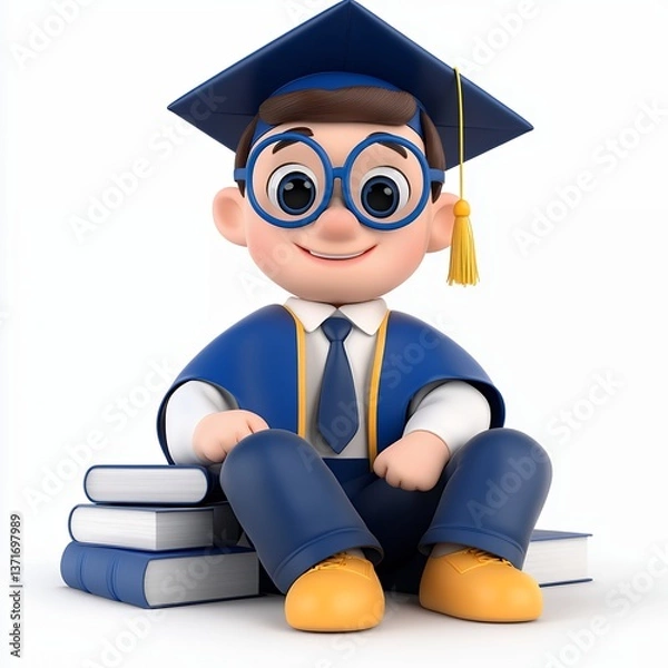 Obraz Cartoon Boy In Graduation Cap Sitting On Books