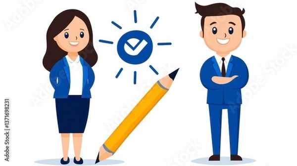 Obraz Cartoon Business People Illustration With Checkmark And Pencil