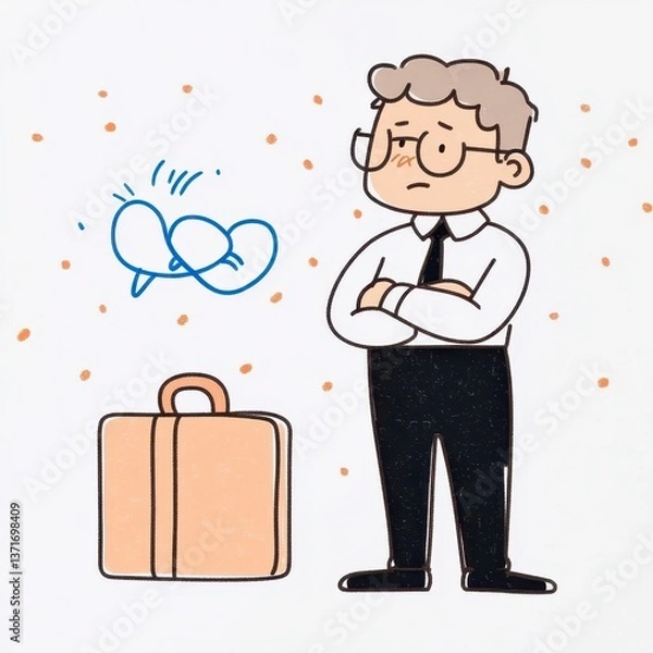 Obraz Cartoon Businessman With Suitcase And Thoughtful Expression