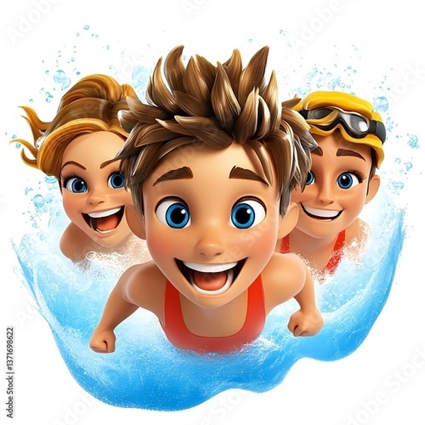 Obraz Cartoon Children Swimming With Splashing Water