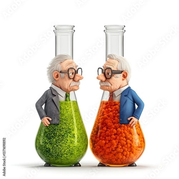 Obraz Cartoon Elderly Scientists In Flasks Debate