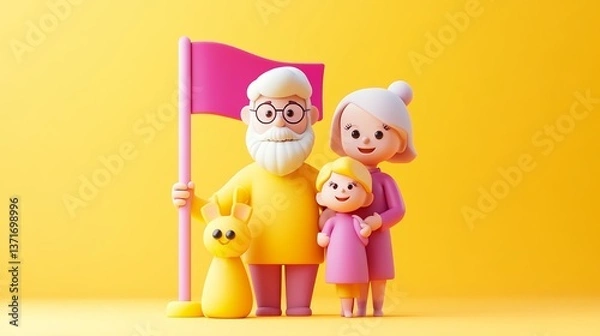 Obraz Cartoon Family with Pet Rabbit and Pink Flag 3D Render
