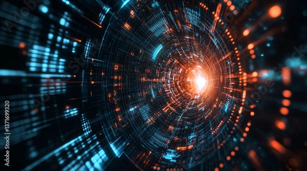 Fototapeta Abstract tunnel with glowing light at the end and blue and orange geometric patterns around it