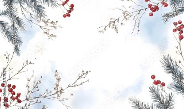 Fototapeta Winter watercolor background presentation design with text space for display, winter branches and berries, pine twigs and snowflakes on a white background with empty center area for text,

