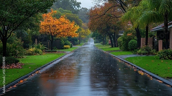 Fototapeta Wet pavement, green trees serene suburban street, gentle rain, overcast sky.