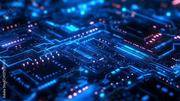 Fototapeta Close up view of a blue and pink illuminated circuit board with intricate glowing lines and patterns