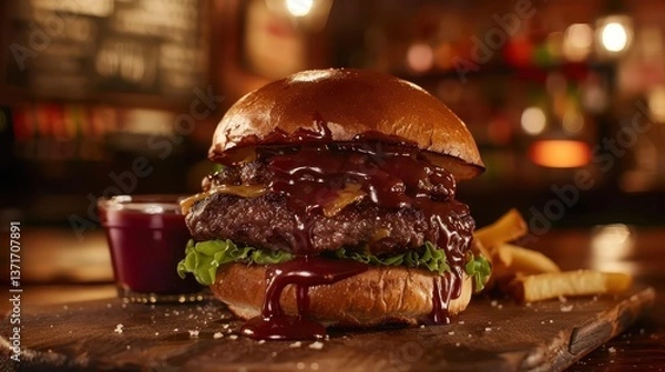 Fototapeta Delicious Gourmet Hamburger with Barbecue Sauce and Fries Displayed