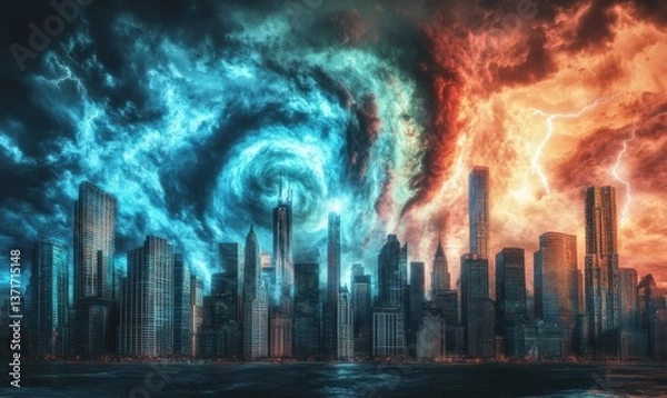Fototapeta City skyline under stormy sky with lightning, apocalypse, fantasy scene