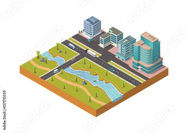 Fototapeta Isometric city with modern building and natural river
