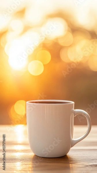 Fototapeta white coffee cup on wooden table with warm, soft lighting
