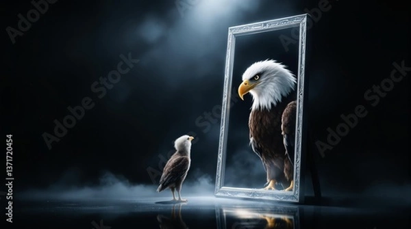 Obraz Small eagle looking in a mirror and seeing a large bald eagle reflection