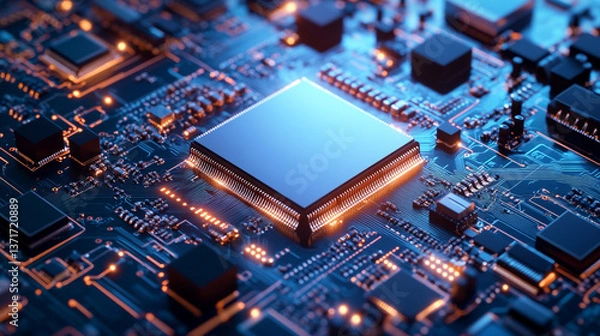 Fototapeta Close up shot of a computer chip with blue and orange lights and intricate circuit patterns visible