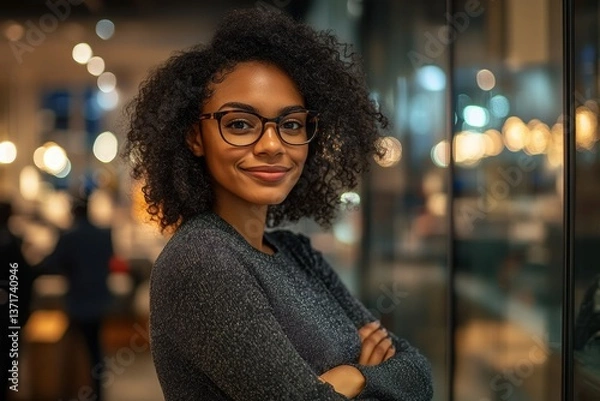 Fototapeta Confident Professional: A portrait of a smiling professional woman with curly hair, wearing glasses, standing confidently with arms crossed, against an office background.