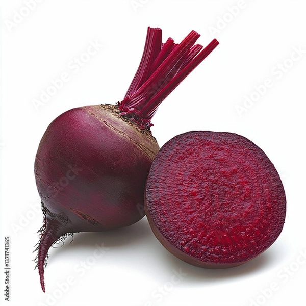 Obraz Closeup of a fresh beetroot and its cut side on white background