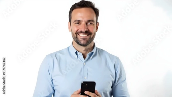 Fototapeta Smiling Man Holding Smartphone – Professional Studio Portrait on White Background
