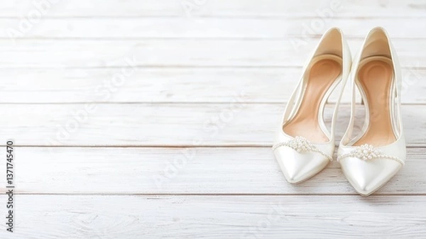 Obraz Elegant silver high heels on a rustic wooden floor, perfect for weddings or formal events.