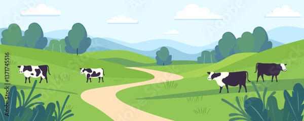 Fototapeta Cows in the field and meadows vector illustration. Cows graze on a green field against the background of forest and mountains. Cows walk in the meadows.