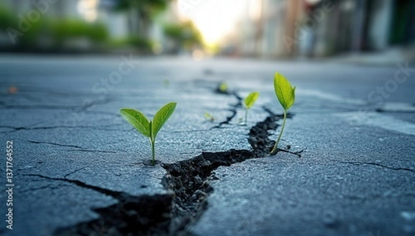 Fototapeta Young green plants sprouting through cracks in asphalt, symbolizing resilience and hope in an urban environment.