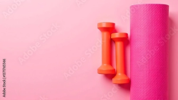 Obraz Sport mat and dumbbells on pink background, space for text