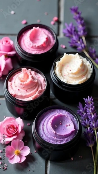 Obraz Jars with lavender and flower body scrub on grey background