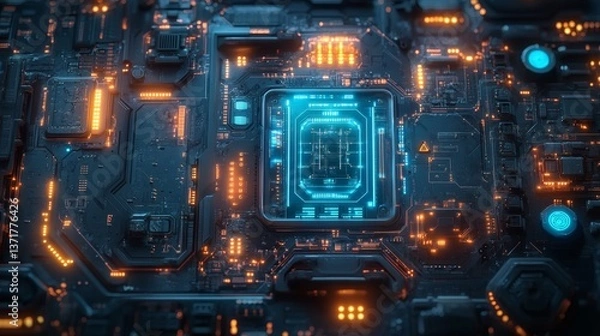 Fototapeta A sci-fi inspired digital interface with glowing blue circuitry, showcasing the endless possibilities of advanced electronic systems 