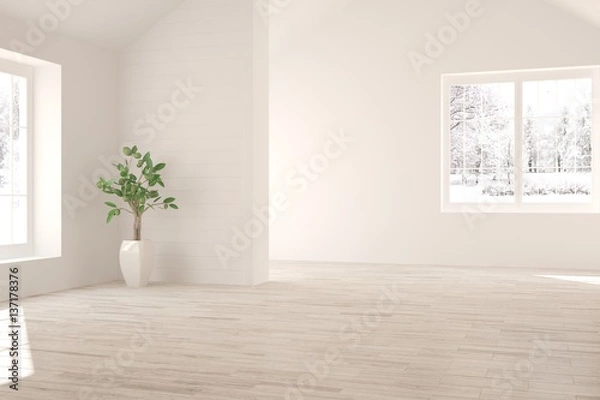 Fototapeta White empty room with winter landscape in window. Scandinavian interior design